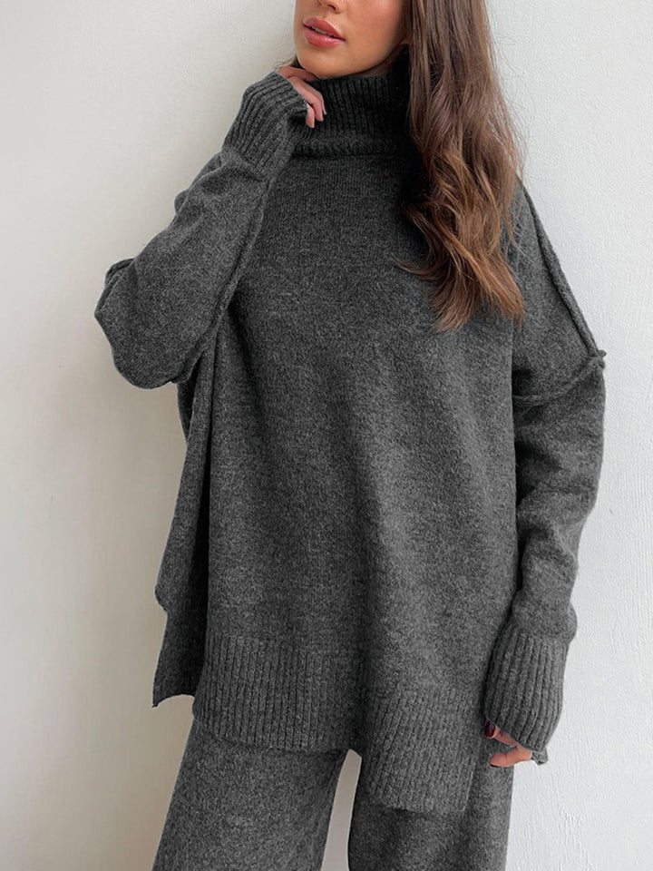 Strickset Rollkragen Pullover und weite Hose – Grau